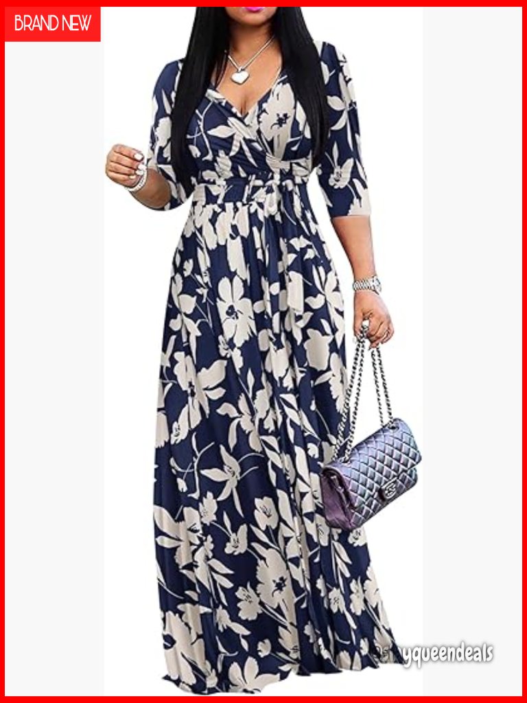 Plus Size Wrap V-Neck Maxi Dress With Pockets, 3/4 Sleeve